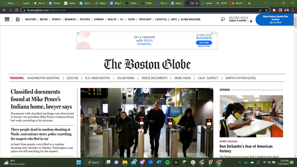 Screenshot of the Boston Globe homepage. It is white with traditional newspaper font and an article layout that is reminiscent of a print newspaper.
