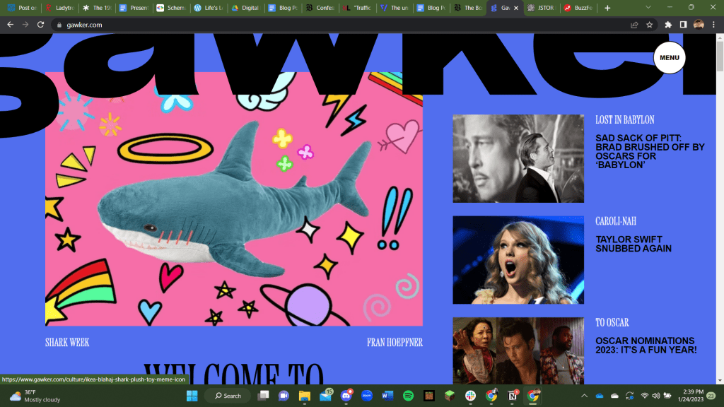 a screenshot of the Gawker homepage, it is bright blue and neon pink with big text and lots of images.